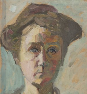 Overlapping of the front and back of Gabriele Münter's work "Self-portrait"