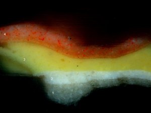 Detail of a micro-sample taken from the pink on yellow area of “Waterloo Bridge” by Derain