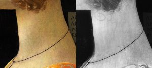 Detalle comparativo de la imagen visible y la reflectografía infrarroja de "Retrato de Giovanna Tournabuoni" de Ghirlandaio