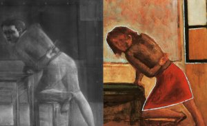 Detalle comparativo de la imagen visible y la radiografía de la obra de Balthus "La partida de naipes"