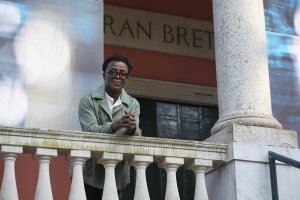 John Akomfrah outside the British Pavilion 2024. Image by Jack Hems.
