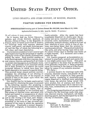 Documento de la patente del fijativo creado por el pintor Luigi Chialiva