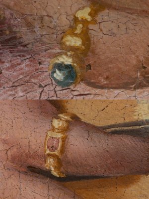 Detalle de los acabados en oro en la pintura “Retrato de una dama” de Pier Francesco Foschi