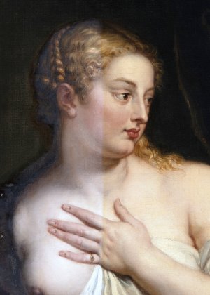 Detalle del procedimiento de limpieza realizado en la pintura “Venus y Cupido”, obra de Peter Paul Rubens