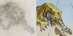 Comparativa de la transferencia del dibujo entre la lámina plástica y la obra final