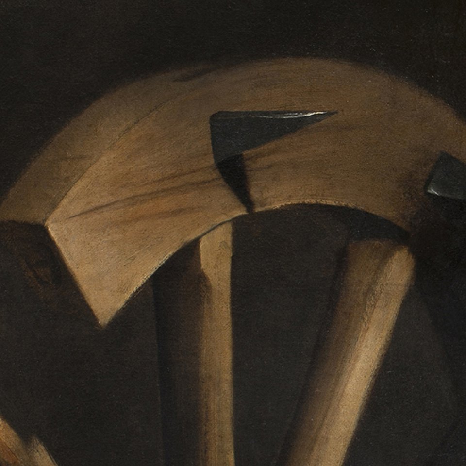 Detail of the visible image of the painting "Saint Catherine of Alexandria" by Caravaggio.