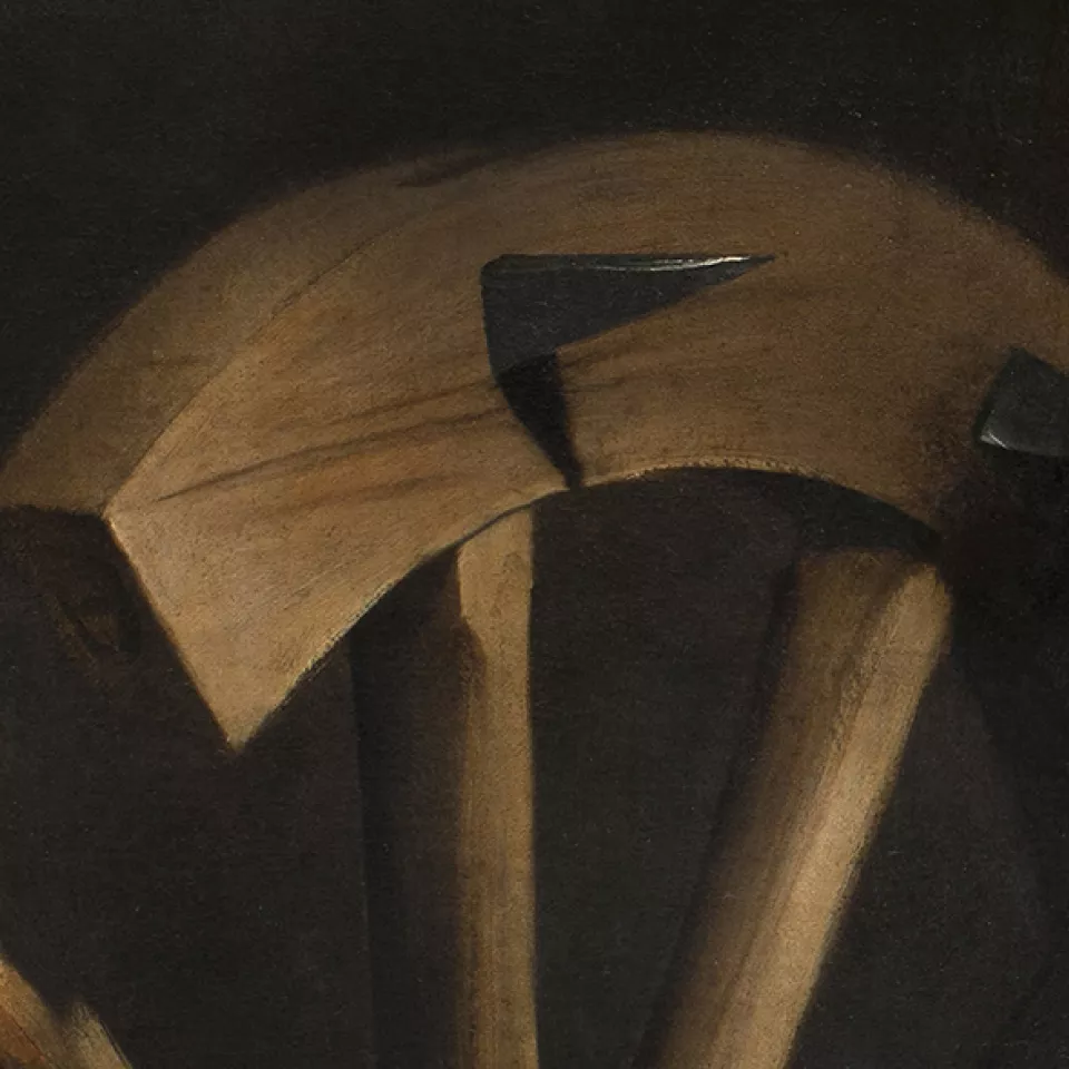 Detail of the visible image of the painting "Saint Catherine of Alexandria" by Caravaggio.
