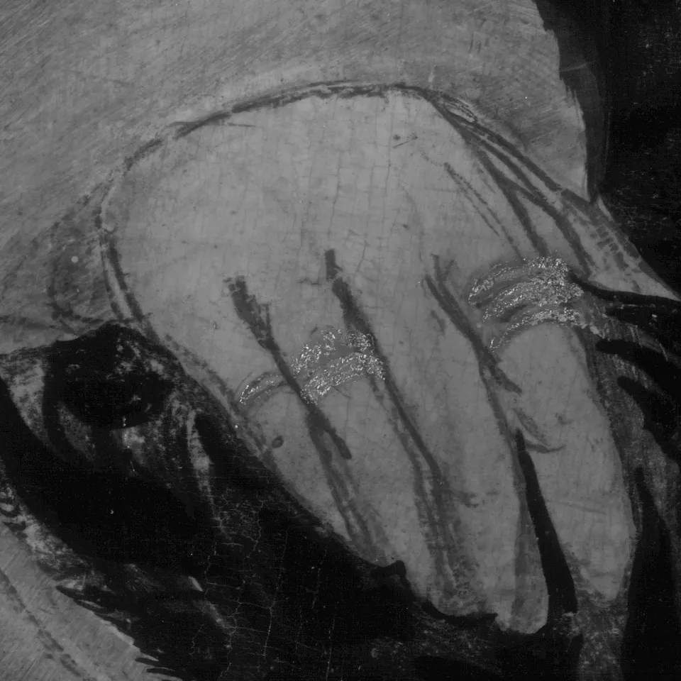 Detalle de la reflectografía infrarroja de la obra "Retrato de una mujer (¿Anna Fugger?)", Maestro del Monograma TK Detalle de la reflectografía infrarroja de la obra "Retrato de una mujer (¿Anna Fugger?)", Maestro del Monograma TK