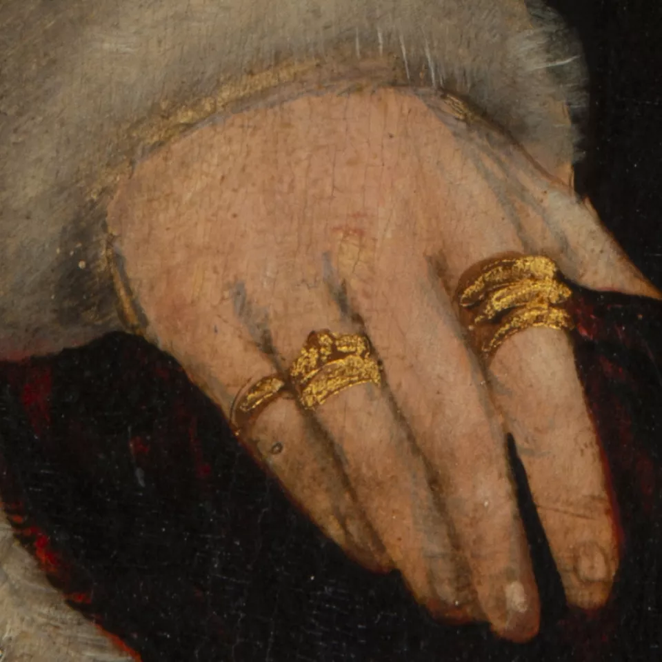Detalle de la imagen visible de la obra "Retrato de una mujer (¿Anna Fugger?)", Maestro del Monograma TK Detalle de la imagen visible de la obra "Retrato de una mujer (¿Anna Fugger?)", Maestro del Monograma TK