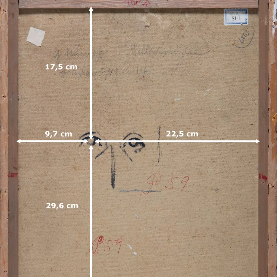 Detalle del encaje de las medidas del rostro en el reverso de la obra Münter “Autorretrato"