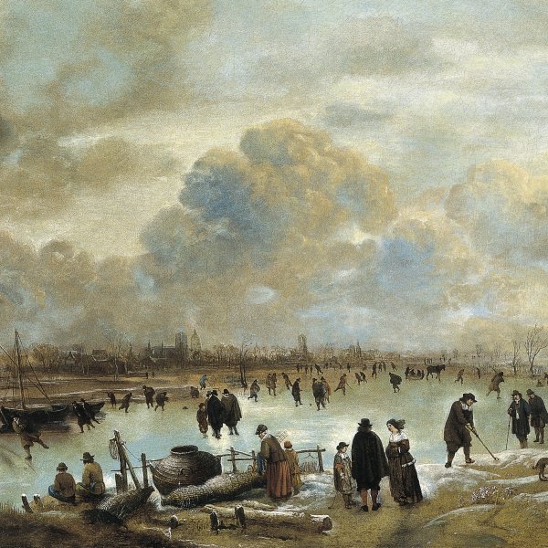 Escena de invierno con patinadores en un río helado