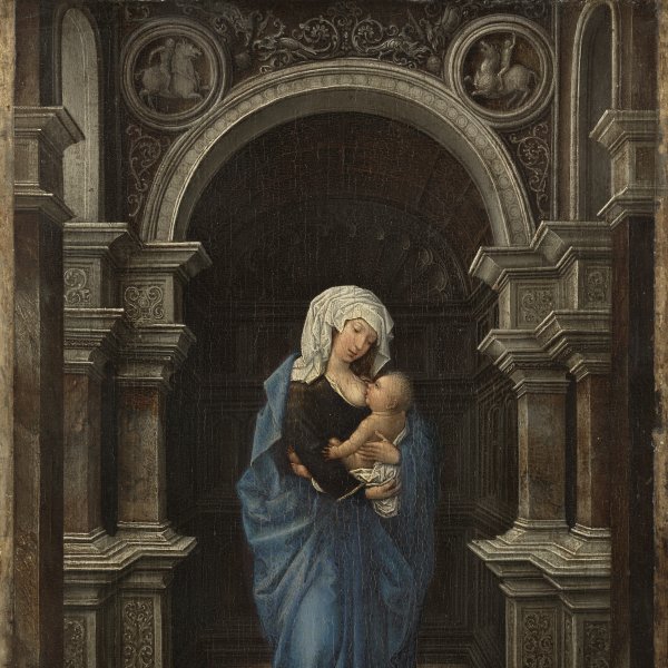 La Virgen, de pie, dando de mamar al Niño