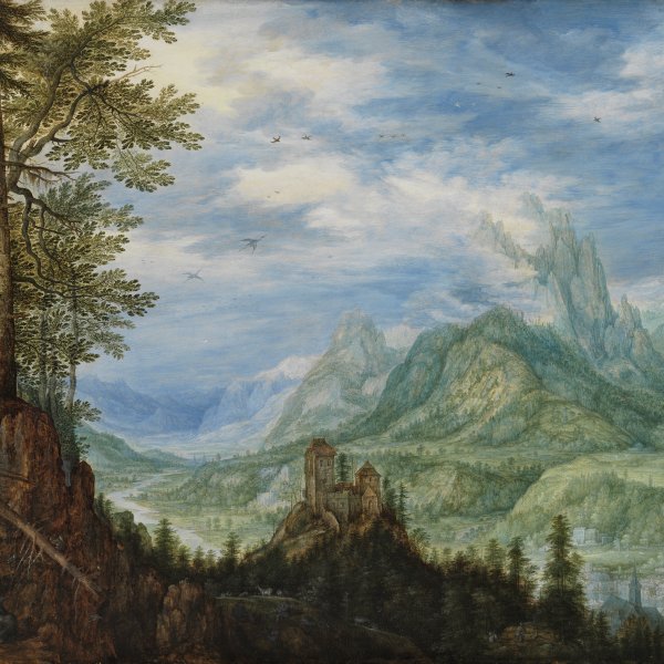 Paisaje montañoso con un castillo