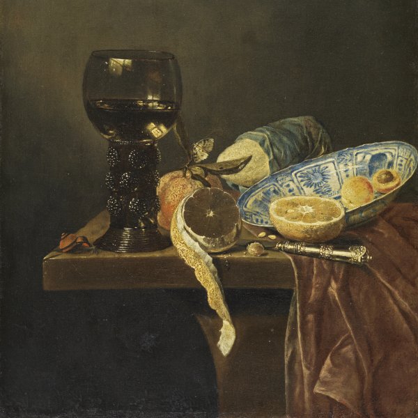 Still Life with Chinese Dish. Rummer, Knife, Bread and Fruit