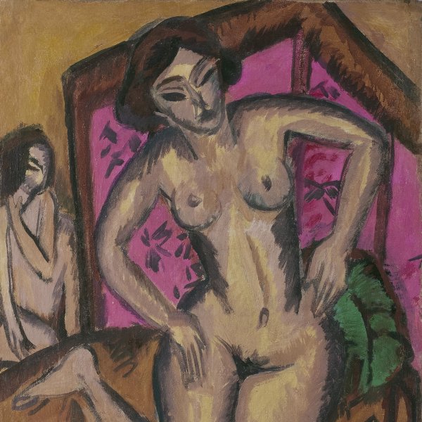 Desnudo de rodillas ante un biombo rojo (reverso: Desnudo sentado con pierna doblada 1921-1923)