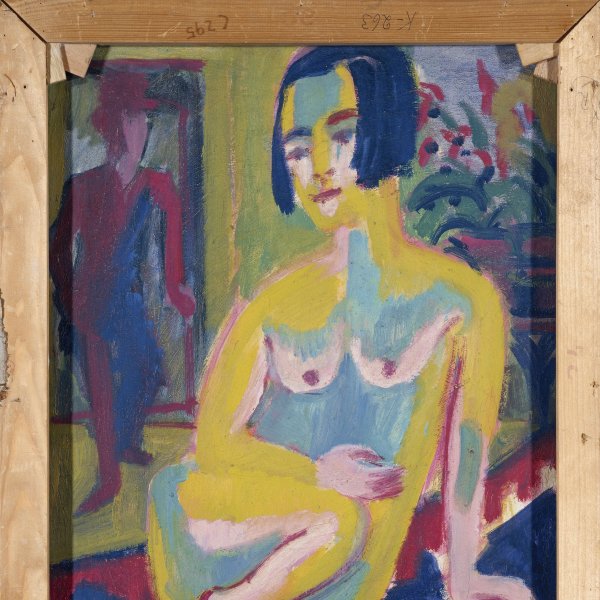 Desnudo sentado con pierna doblada (anverso: Desnudo de rodillas ante un biombo rojo 1911 - 1912)