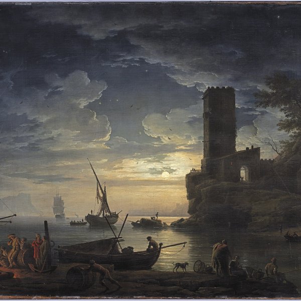 Noche: escena de la costa mediterránea con pescadores y barcas