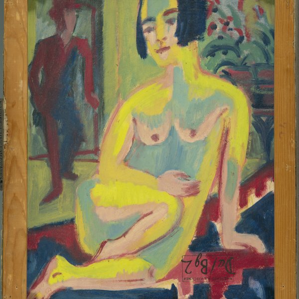 Desnudo sentado con pierna doblada (anverso: Desnudo de rodillas ante un biombo rojo 1911 - 1912)