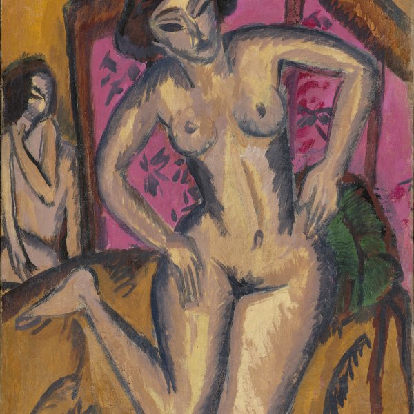 Desnudo de rodillas ante un biombo rojo (reverso: Desnudo sentado con pierna doblada 1921-1923)