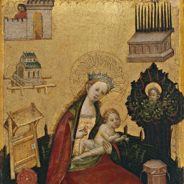 Diptych with symbols of the Virgin and Redeeming Christ: Virgin and Child in the Hortus Conclusus (Left wing)