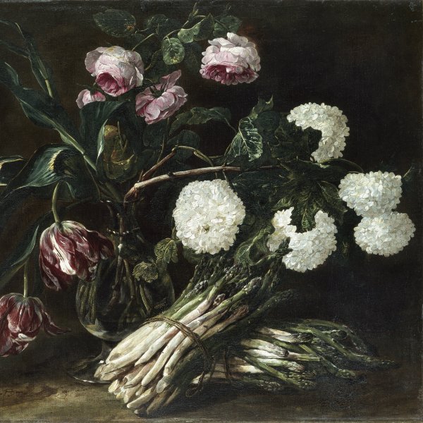 Vase of Flowers and Two Bunches of Asparagus