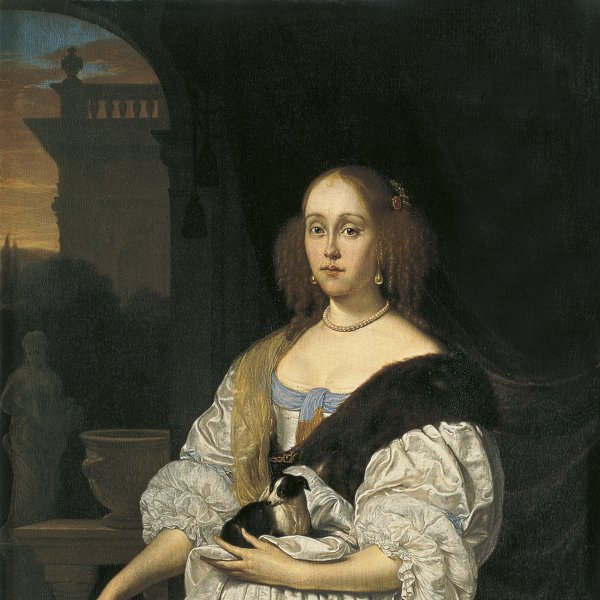Retrato de una dama con un perro en el regazo