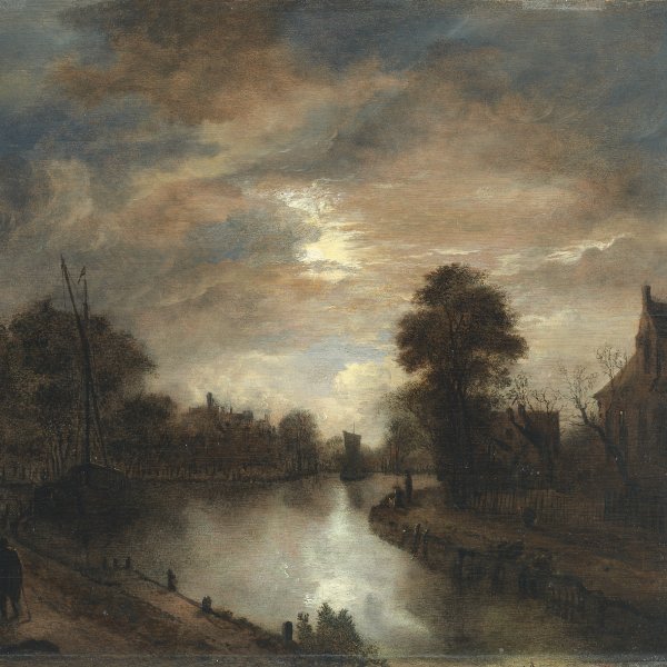 Moonlit Landscape with a Road beside a canal