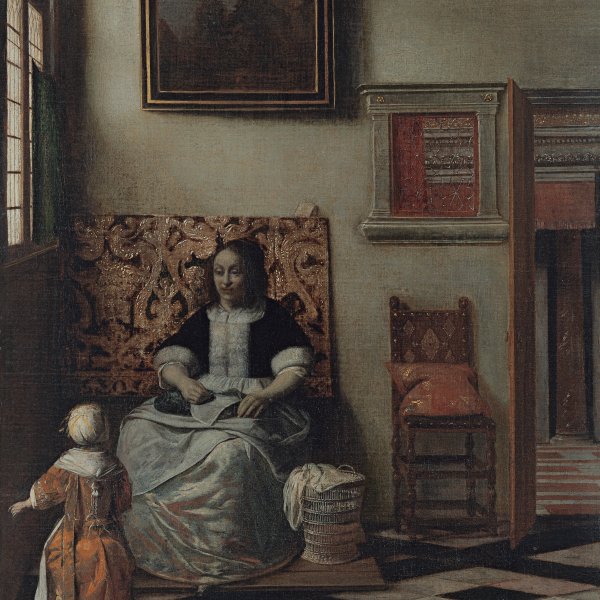 Interior con una mujer cosiendo y un niño