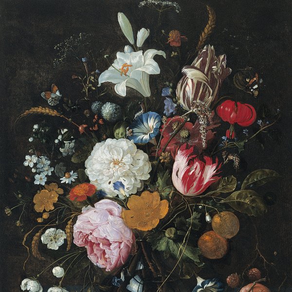 Flowers in a glass Vase with Fruit