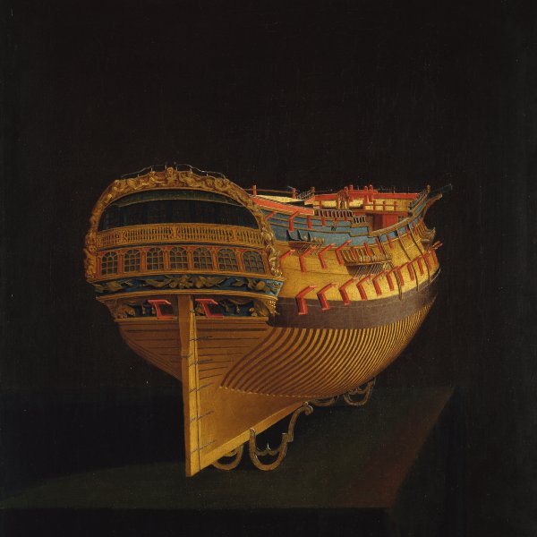 Modelo de un barco, visto de popa
