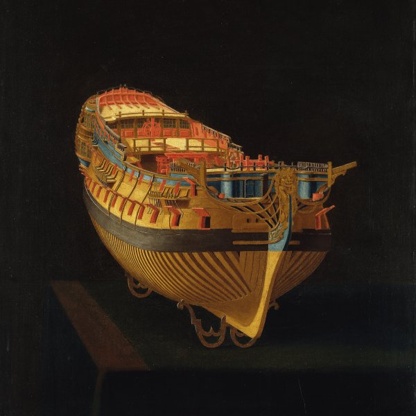 Modelo de un barco, visto de proa