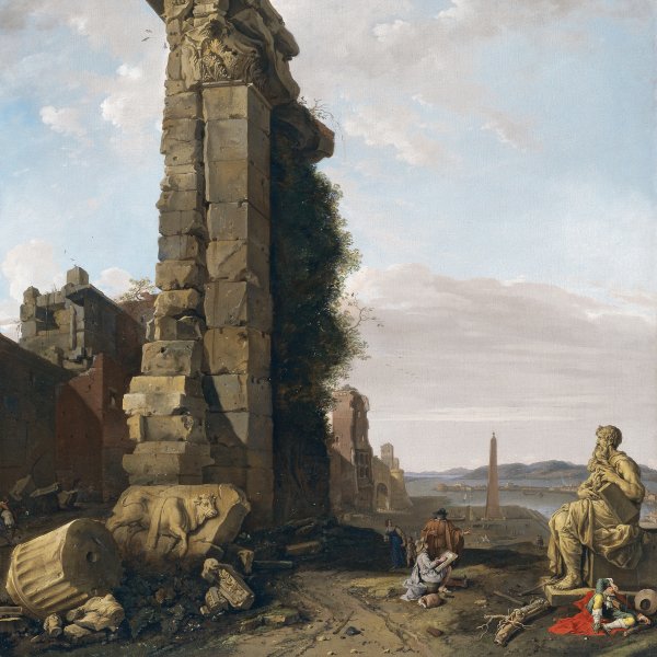 Vista idealizada con ruinas romanas esculturas y un puerto