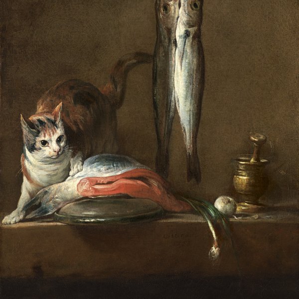 Bodegón con gato y pescado