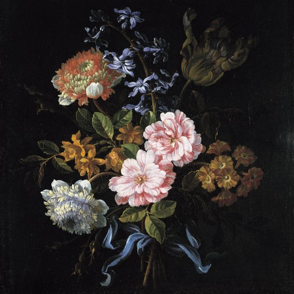Ramo compuesto por anémonas-coronarias, rosas de York y Lancaster y otras flores