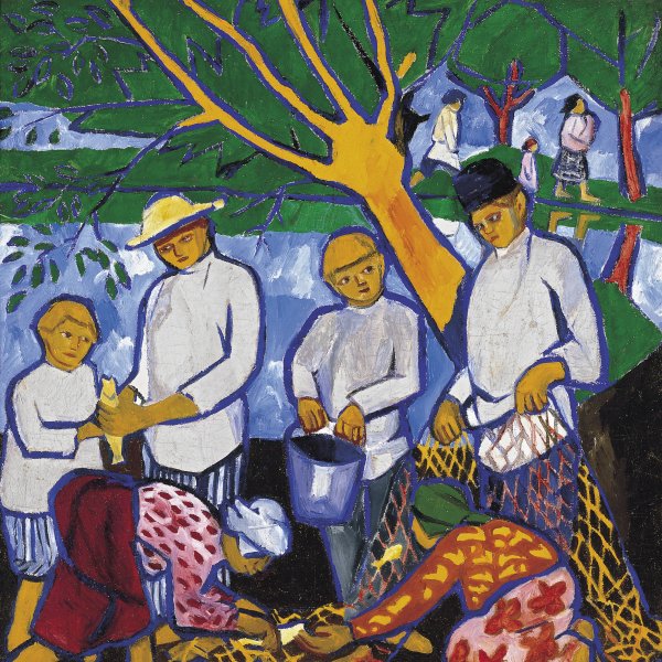 Proceso de restauración de Pesca (Pescadores), de Natalia Goncharova
