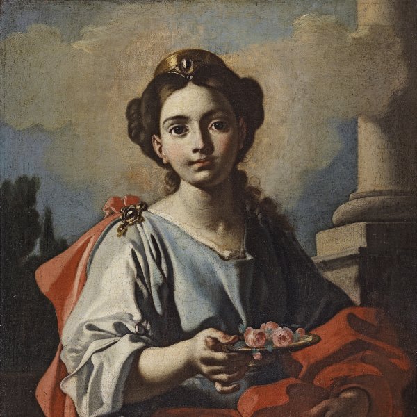 A Female Saint holding a Platter with Roses