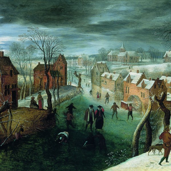 A Winter Landscape with a Village and Skaters on a Frozen River, Hunters in the Foreground