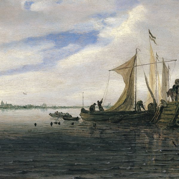 A River Landscape with Figures and a Wagon on a Jetty with Sailing Boats