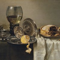 Bodegón con pastel de frutas y diversos objetos. Willem Claesz. Heda