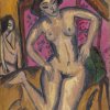 Desnudo de rodillas ante un biombo rojo (reverso: Desnudo sentado con pierna doblada). Ernst Ludwig Kirchner