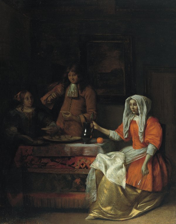 HOOCH PIETER HENDRICKSZ DE. Interior con dos mujeres y un hombre bebiendo y comiendo ostras