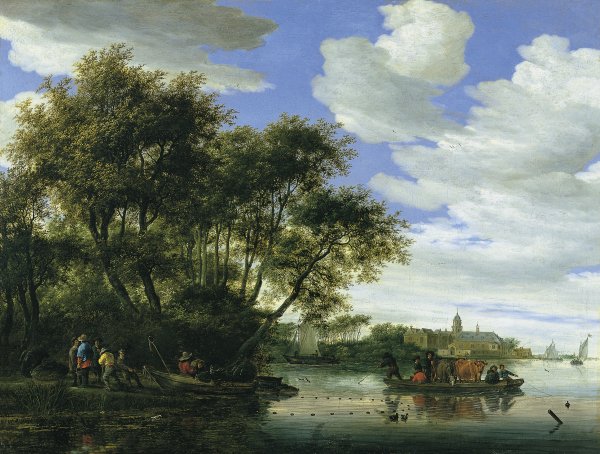 VAN RUYSDAEL SALOMON JACOBSZ. Vista del río Vecht con un embarcadero pescadores y el Castillo de Nijenrode en la lejanía