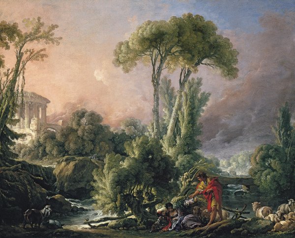 River Landscape with an Antique Temple. François Boucher