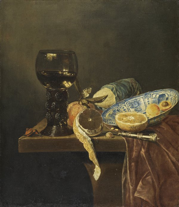 Still Life with Chinese Dish. Rummer, Knife, Bread and Fruit. Jan Jansz. van de (atribuido) Velde iii