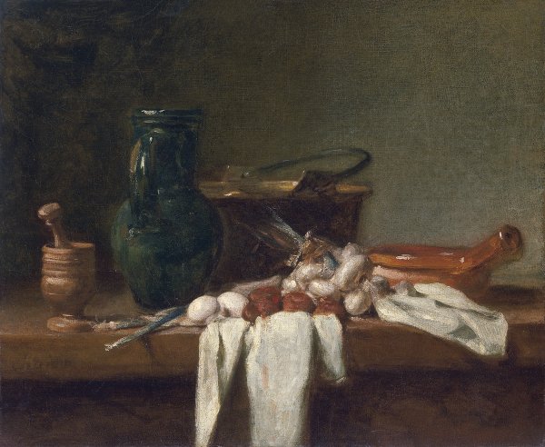 Bodegón con almirez,cántaro y caldero de cobre. Jean-Baptiste-  Siméon Chardin