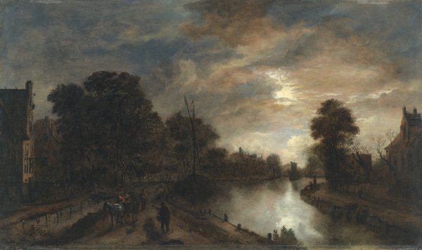 Moonlit Landscape with a Road beside a canal. Claro de luna con un camino bordeando un canal, c. 1645-1650