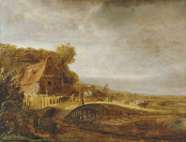 Paisaje con una granja y un puente. Govert (atribuido) Flinck