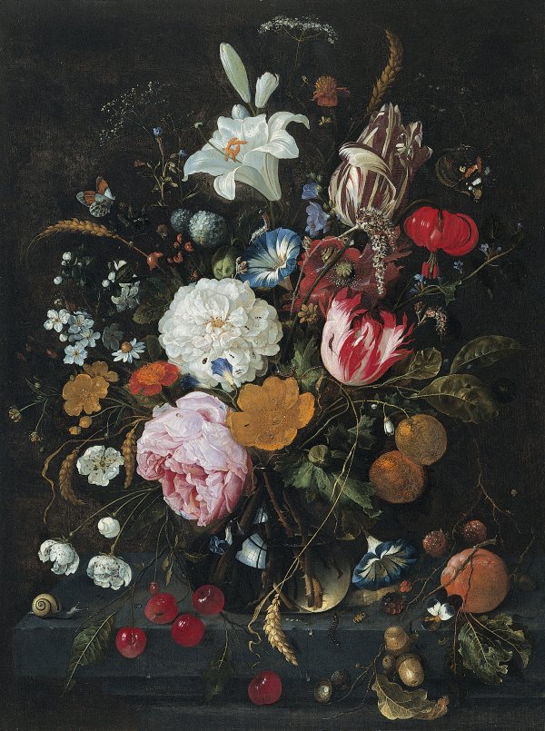 Flowers in a glass Vase with Fruit. Florero con vaso de cristal y frutas, c. 1665