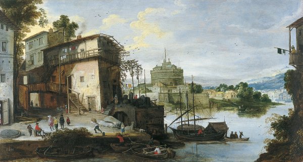 Vista de un puerto fluvial con el Castillo de Sant'Angelo. Maestro DEL MONOGRAMA IDM