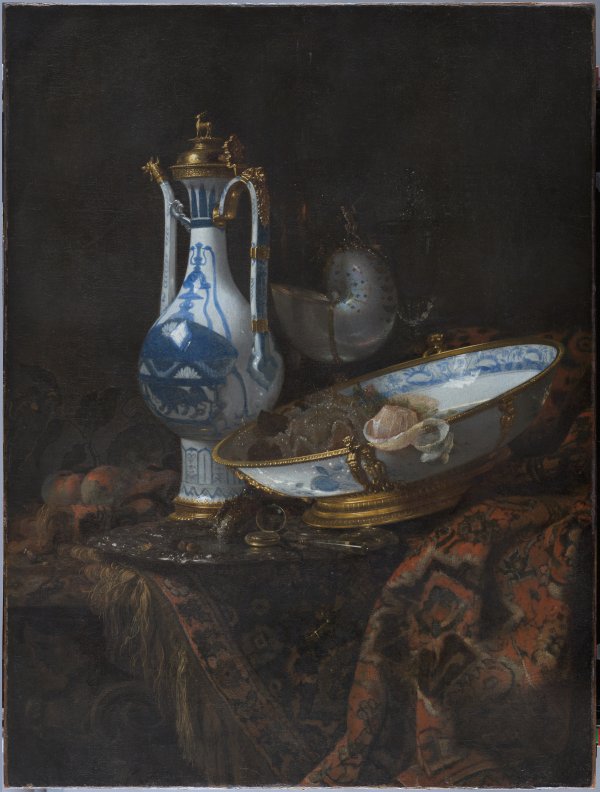 Still Life with Ewer and Basin, Fruit, Nautilus Cup and other Objects. Bodegón con aguamanil, frutas, copa nautilo y otros objetos, c. 1660
